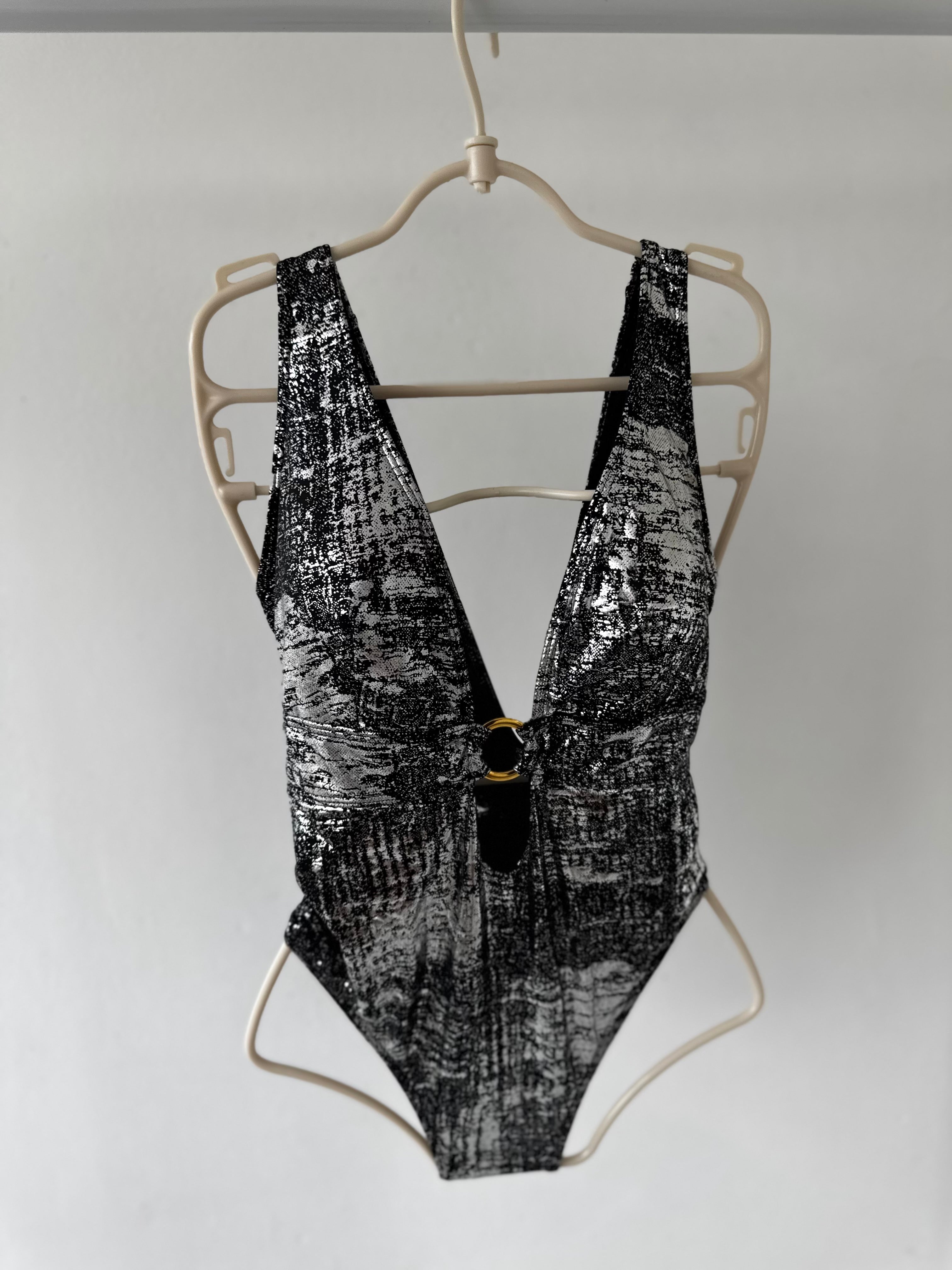 Saskia Shiny Deep V-Neck Swimming Suit Women Swimwear Hollow Out Shiny One Piece Bodysuit Bathing Suit Summer New Fashion