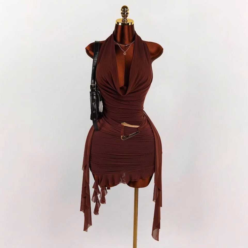 Obsession Women Dress Elegant Halter Backless V Neck Slim Ruched Evening Mini Dress