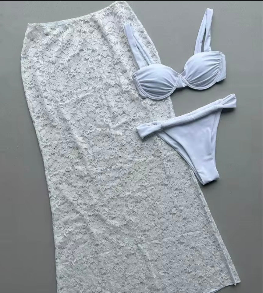 Ocean 3 Piece Underwire Bikini Set With Long Lace Dress Sexy Lady 3Pieces Swimsuit Beachwear