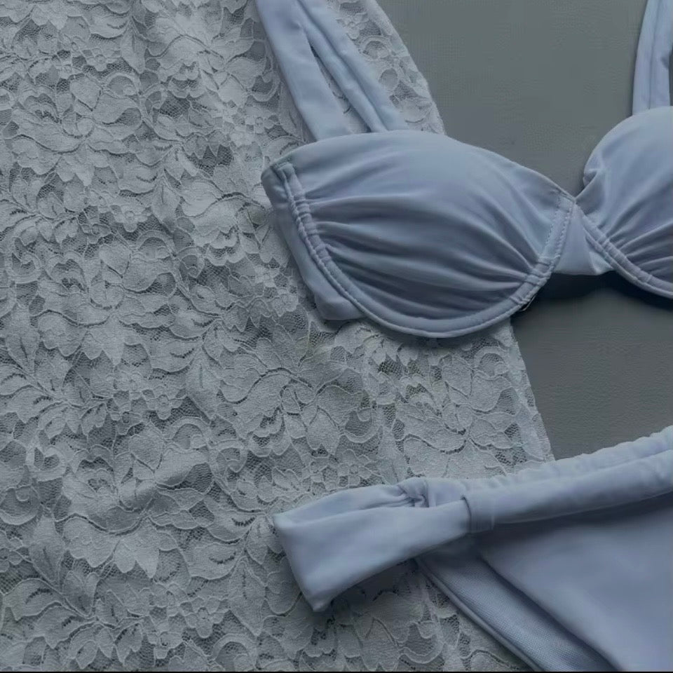 Ocean 3 Piece Underwire Bikini Set With Long Lace Dress Sexy Lady 3Pieces Swimsuit Beachwear