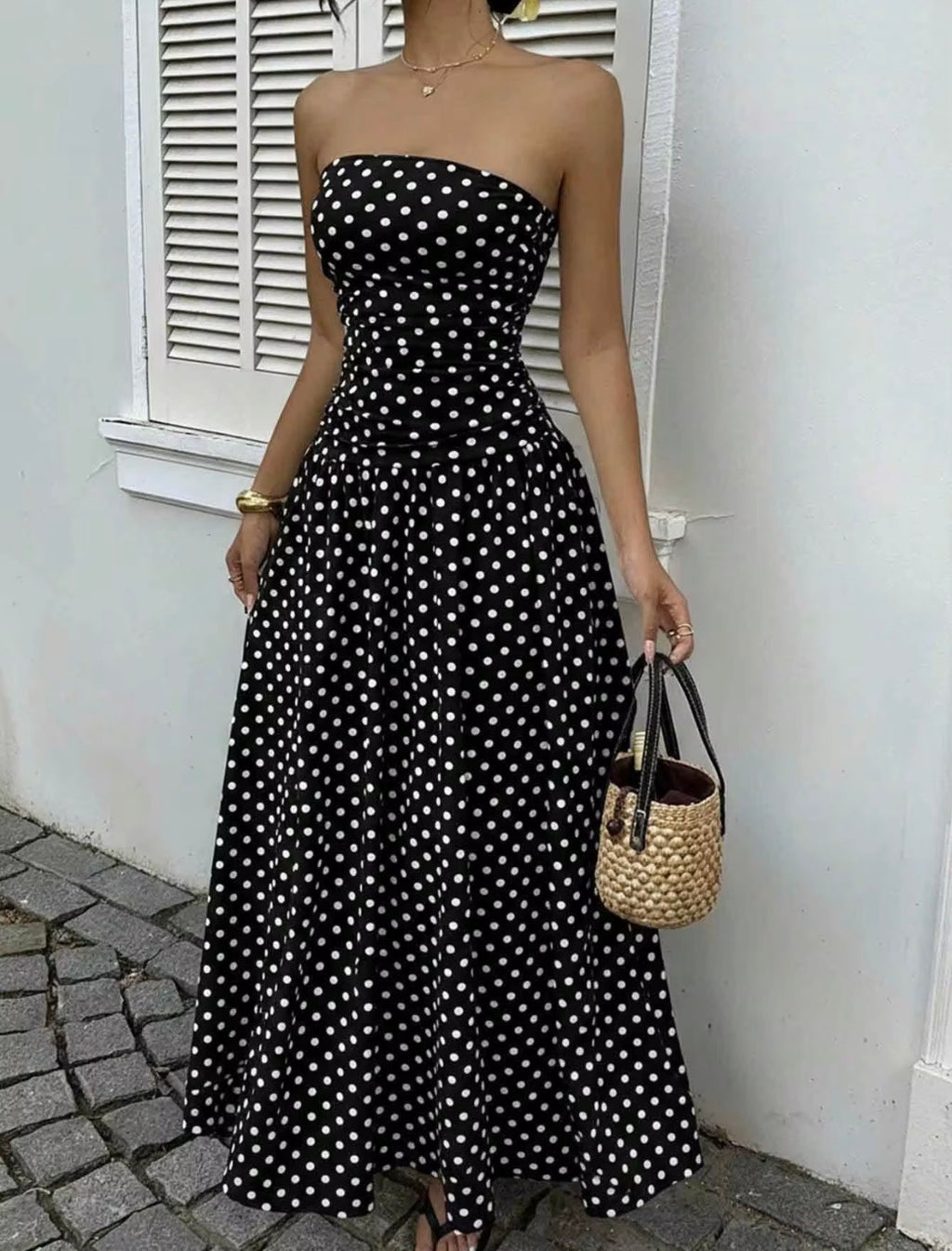 Sasha European American 2026 Spring/Summer New Sexy Off-Shoulder Polka Dot A-Line Maxi Hot Stamping Spandex/Polyester Evening Dress for Women Womenswear Formal vacation holiday