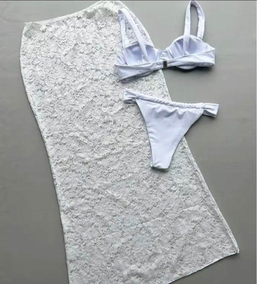 Ocean 3 Piece Underwire Bikini Set With Long Lace Dress Sexy Lady 3Pieces Swimsuit Beachwear