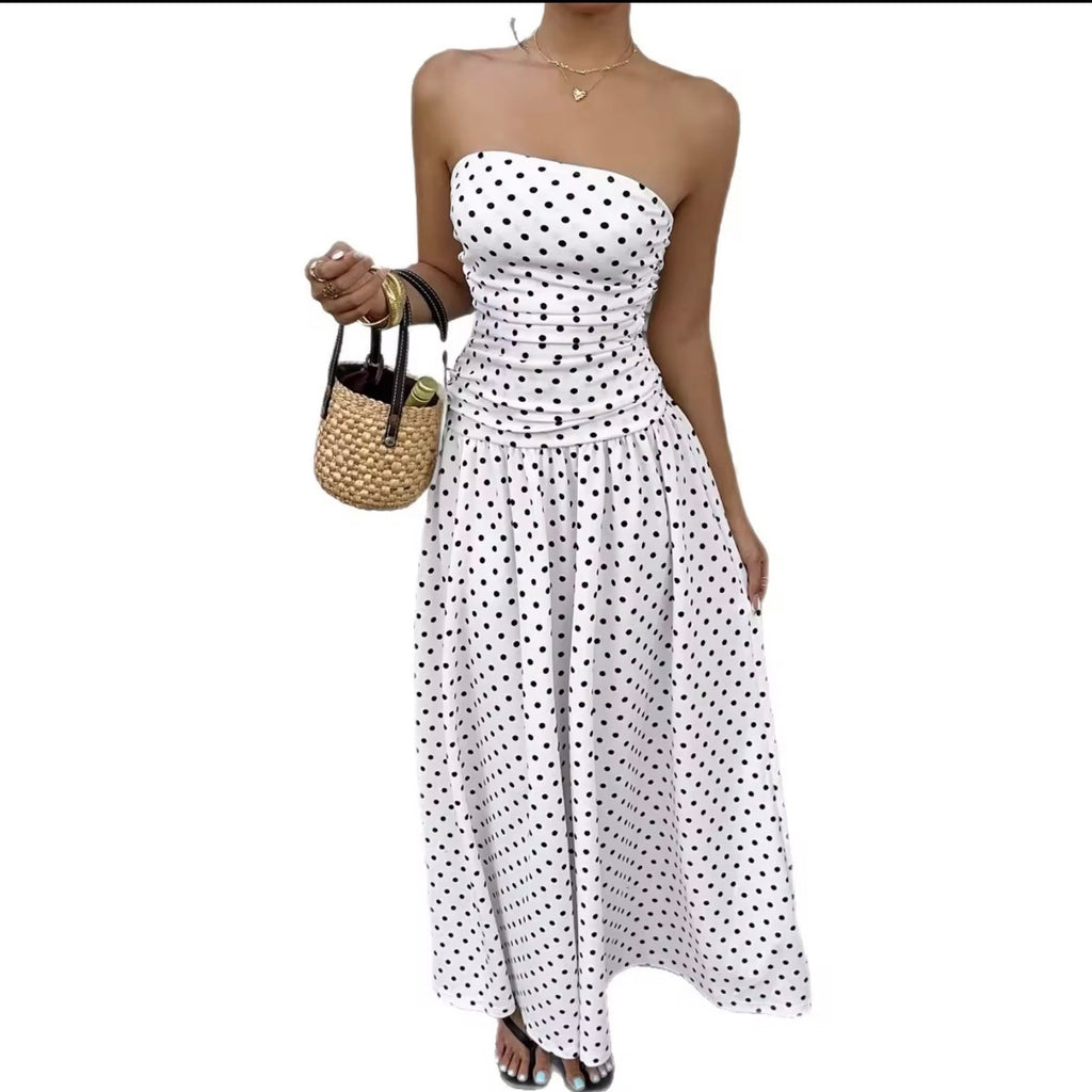 Sasha European American 2026 Spring/Summer New Sexy Off-Shoulder Polka Dot A-Line Maxi Hot Stamping Spandex/Polyester Evening Dress for Women Womenswear Formal vacation holiday