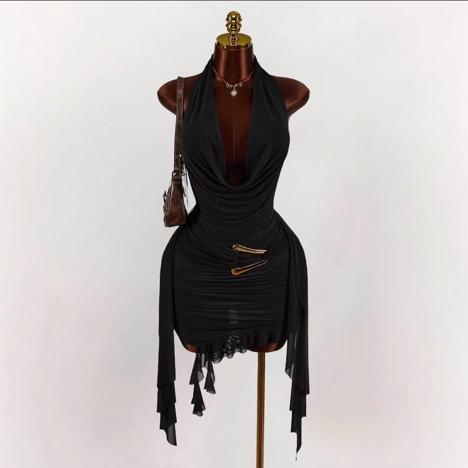 Obsession Women Dress Elegant Halter Backless V Neck Slim Ruched Evening Mini Dress