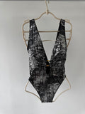 Saskia Shiny Deep V-Neck Swimming Suit Women Swimwear Hollow Out Shiny One Piece Bodysuit Bathing Suit Summer New Fashion