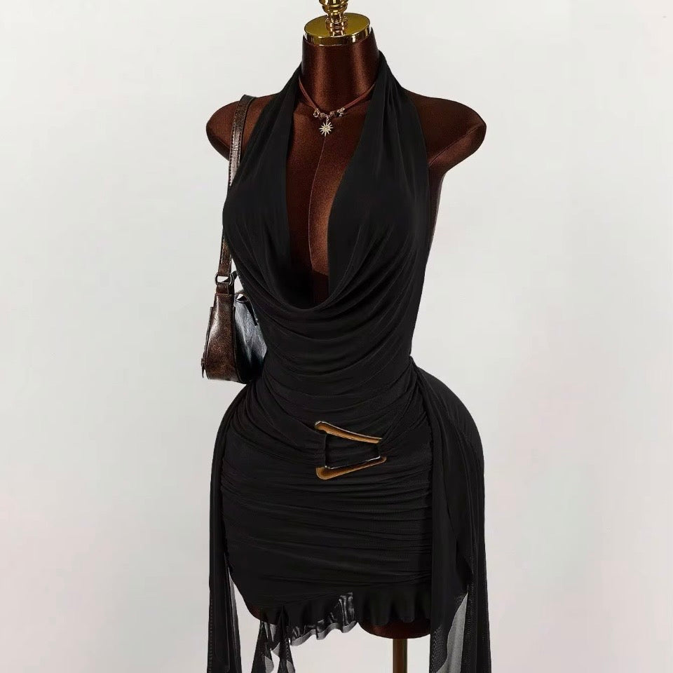 Obsession Women Dress Elegant Halter Backless V Neck Slim Ruched Evening Mini Dress