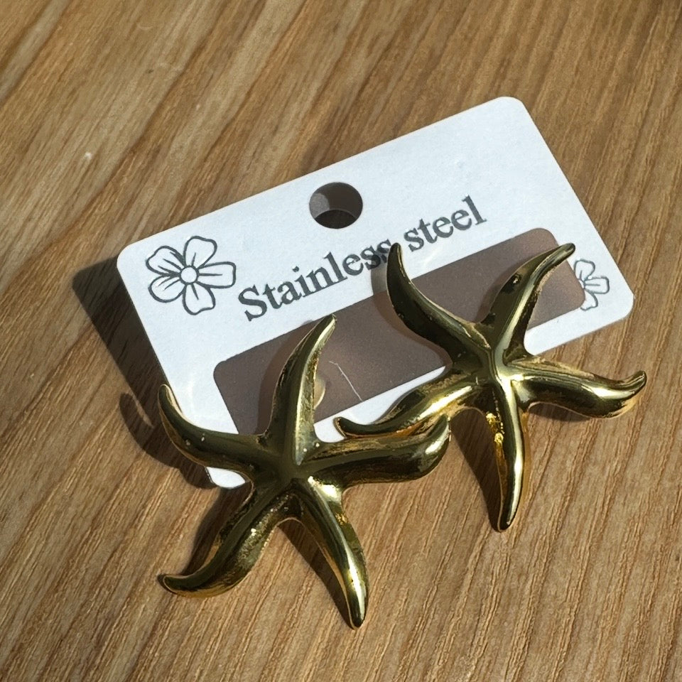 Sienna Starfish Gold Coloured Stainless Steel Stud Earrings Vacation Holiday Ocean Theme Pair Women Woman’s Casual