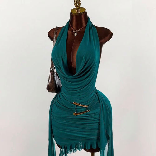 Obsession Women Dress Elegant Halter Backless V Neck Slim Ruched Evening Mini Dress