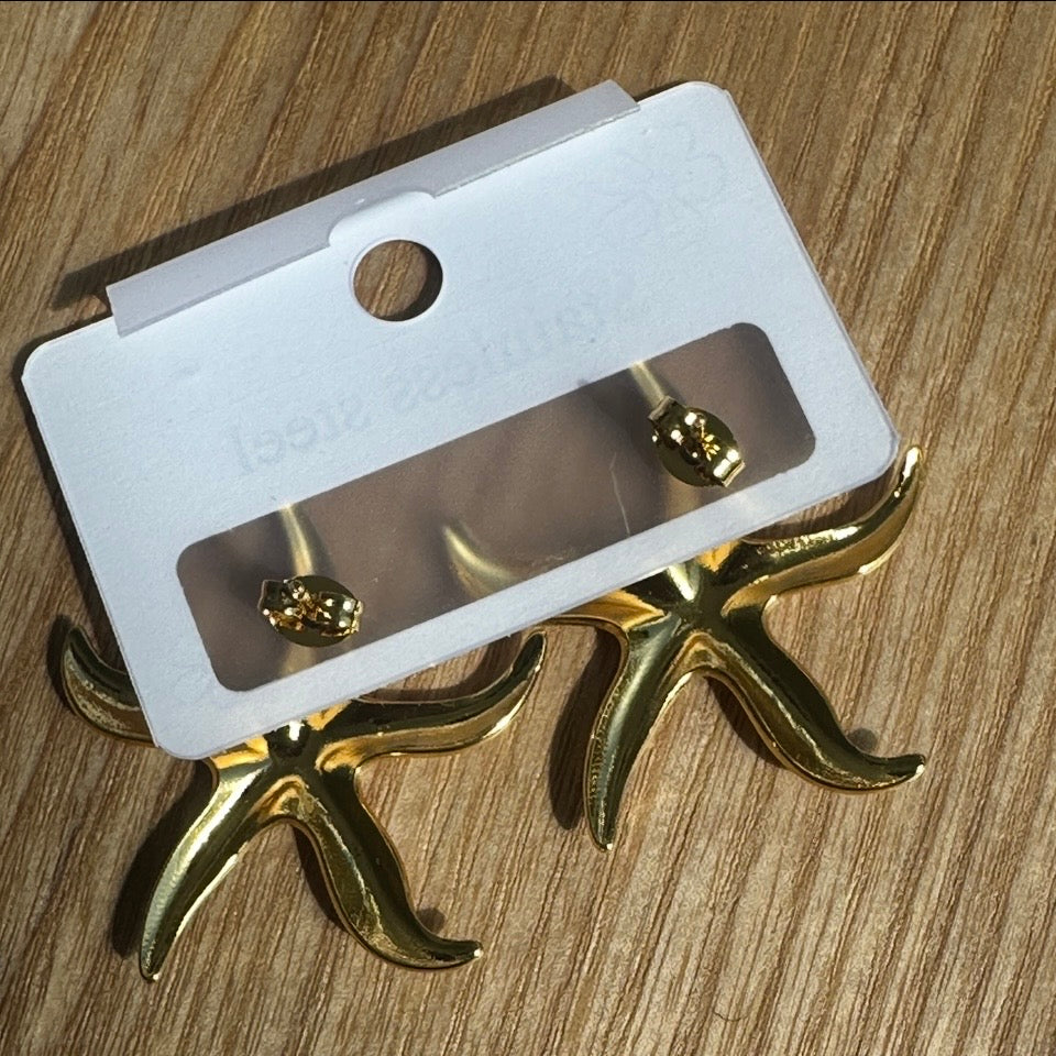 Sienna Starfish Gold Coloured Stainless Steel Stud Earrings Vacation Holiday Ocean Theme Pair Women Woman’s Casual