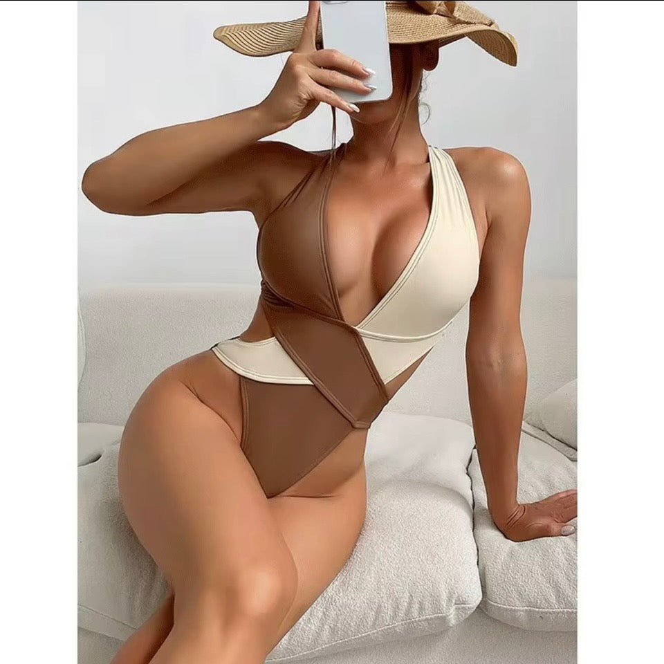Naya Women's Sexy Deep V-Neck Bandage Cross High Waist Monokini One Piece Swimwear & Beachwear Female High Cut Bathing Suit