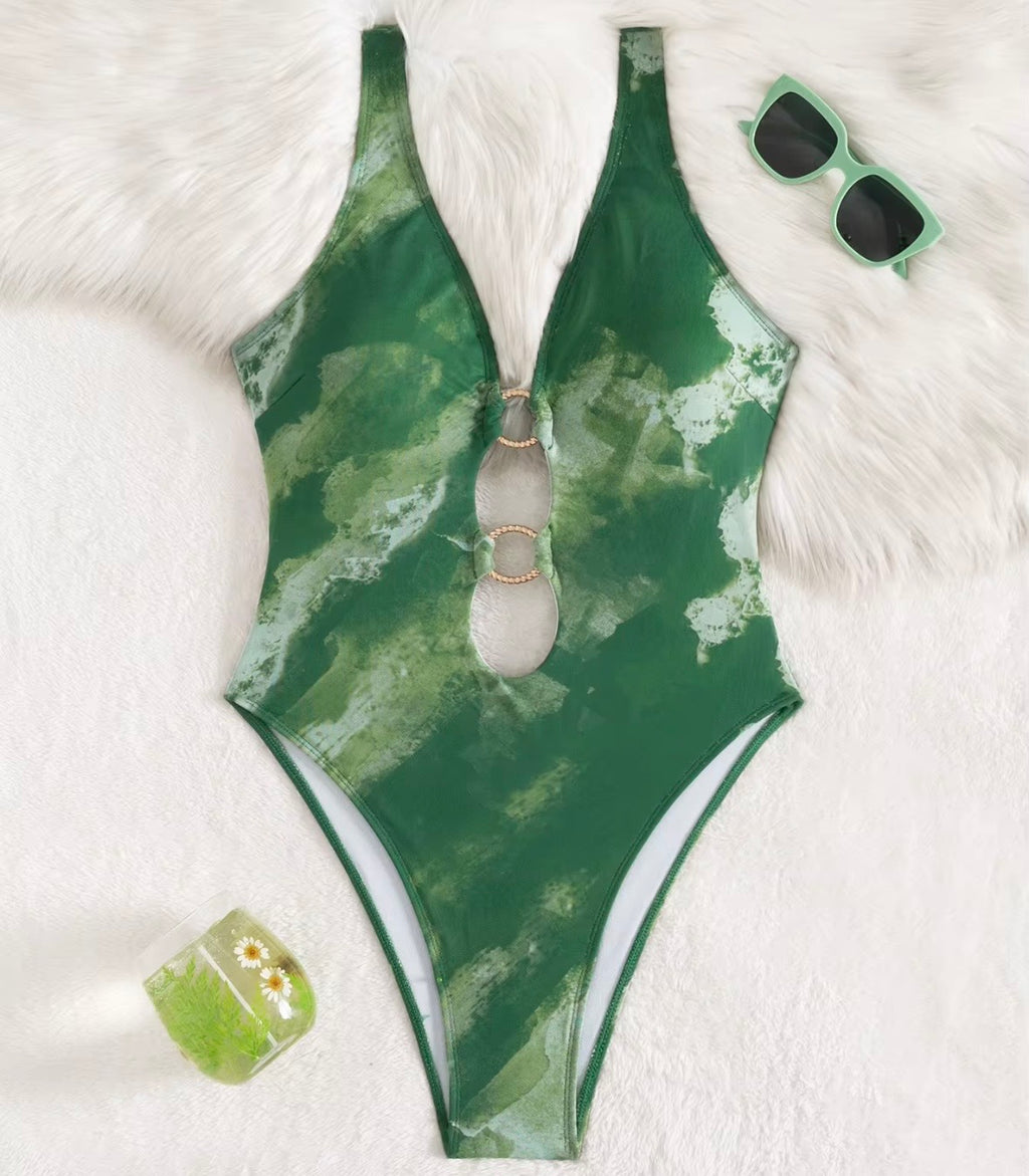 Millie New Summer Women's Sexy V-neck Mesh Hollow High Waist Bandeau Bikini in Camouflage Pattern