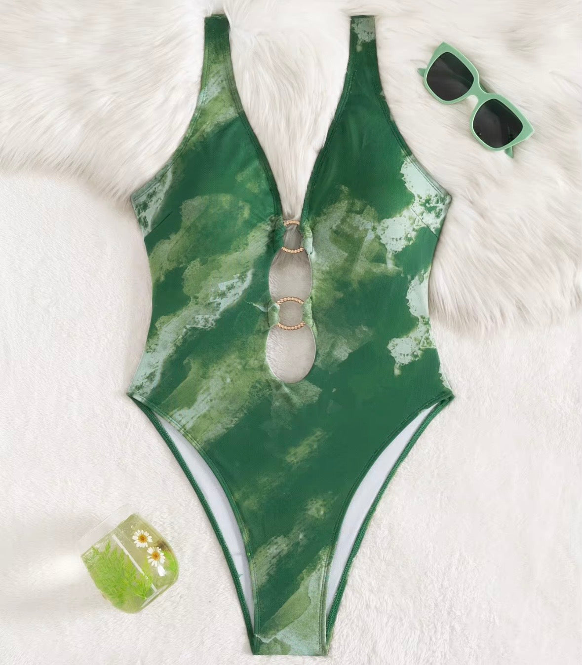 Millie New Summer Women's Sexy V-neck Mesh Hollow High Waist Bandeau Bikini in Camouflage Pattern