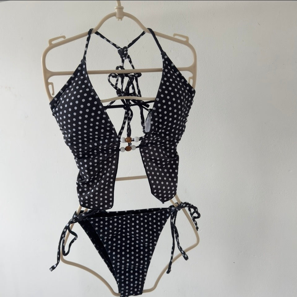 Polly Cross-border New Backless Wave Dot Print Women's Holiday Beach Sexy Temptation Tankini Bikini Set