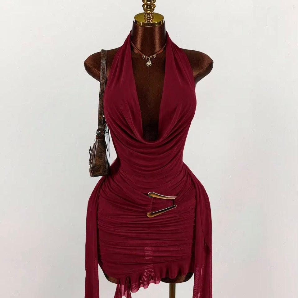 Obsession Women Dress Elegant Halter Backless V Neck Slim Ruched Evening Mini Dress