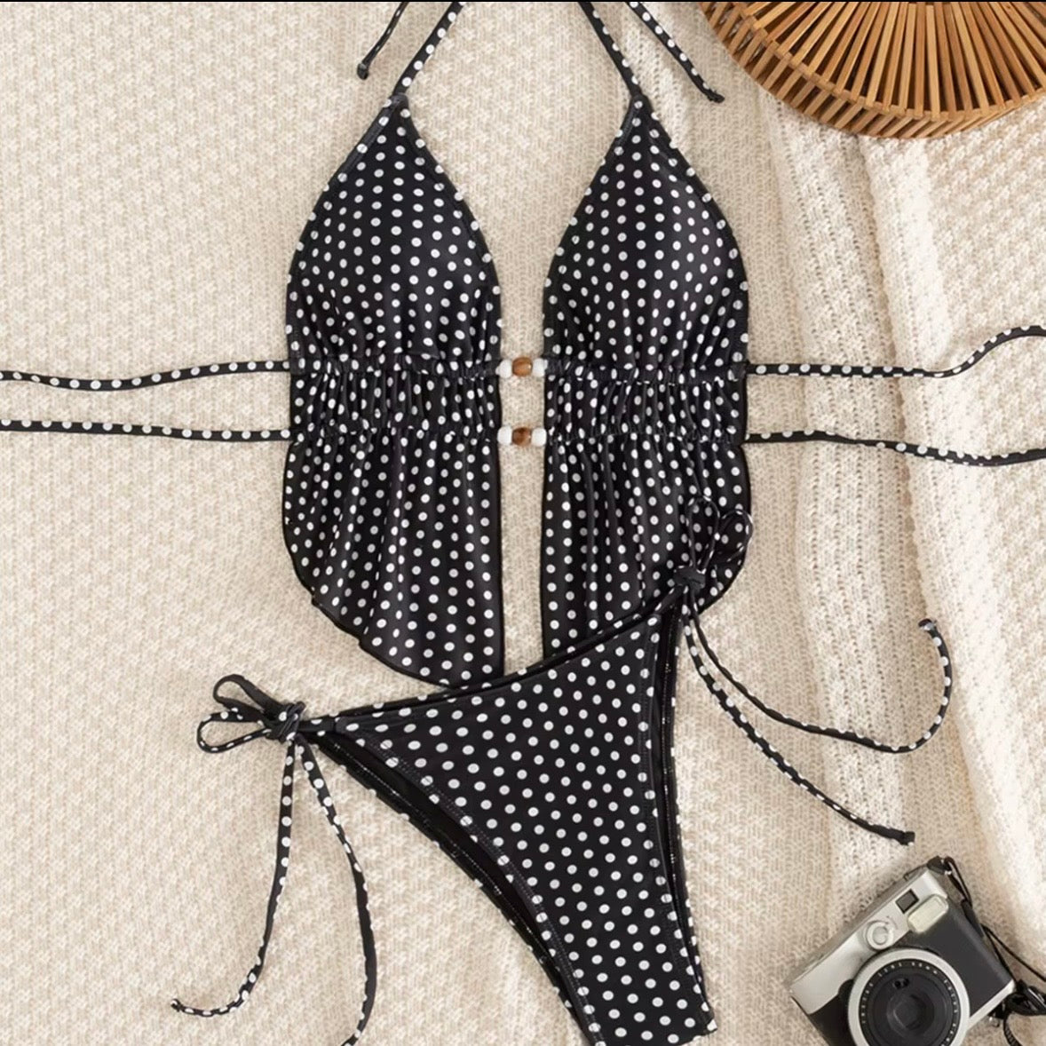 Polly Cross-border New Backless Wave Dot Print Women's Holiday Beach Sexy Temptation Tankini Bikini Set