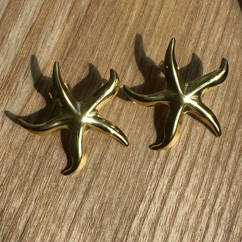Sienna Starfish Gold Coloured Stainless Steel Stud Earrings Vacation Holiday Ocean Theme Pair Women Woman’s Casual