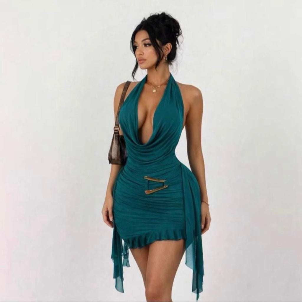 Obsession Women Dress Elegant Halter Backless V Neck Slim Ruched Evening Mini Dress Womenswear Sleeveless