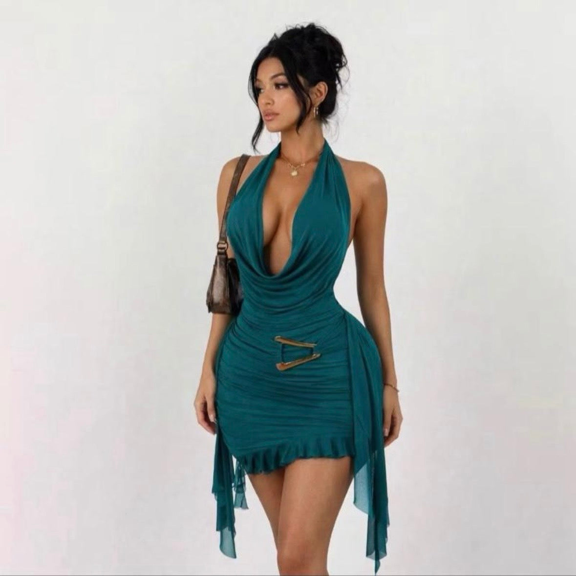 Obsession Women Dress Elegant Halter Backless V Neck Slim Ruched Evening Mini Dress Womenswear Sleeveless