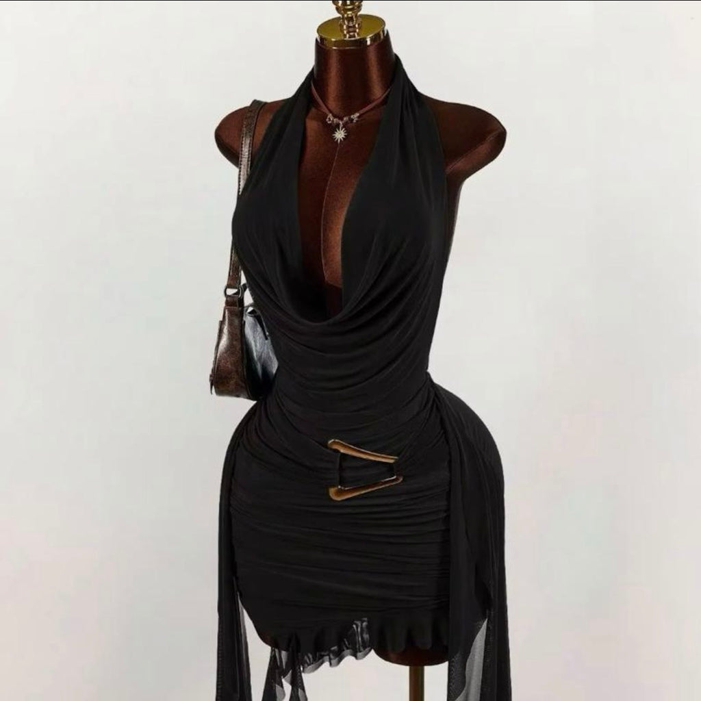 Obsession Women Dress Elegant Halter Backless V Neck Slim Ruched Evening Mini Dress Womenswear Sleeveless