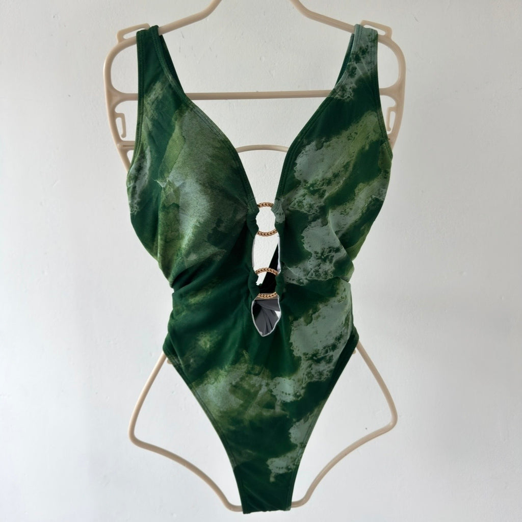 Millie New Summer Women's Sexy V-neck Mesh Hollow High Waist Bandeau Bikini in Camouflage Pattern